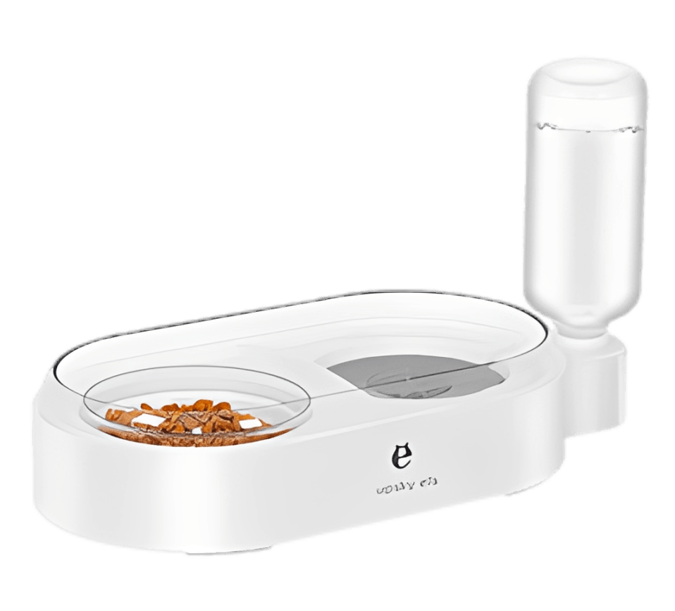 Automatic pet feeder and water dispenser featuring a dual bowl design, clear lids, and an attached bottle for fresh water. Ideal for pet owners.