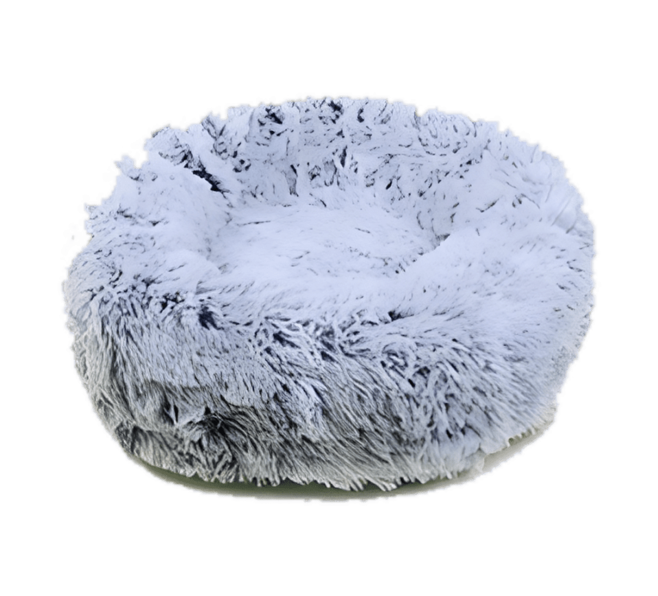 Plush, round pet bed in soft gray, designed for comfort and relaxation, perfect for small dogs or cats to curl up in.