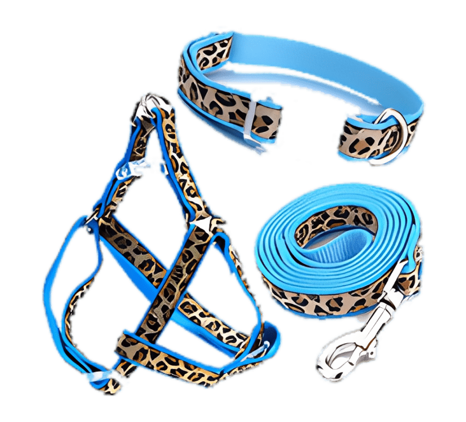 Leopard-patterned dog harness and leash set in blue, designed for comfort and style during walks, suitable for small to medium pets.
