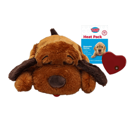 Plush stuffed dog with a red heart-shaped heat pack and a disposable warmer package, designed for comfort and warmth for pets.