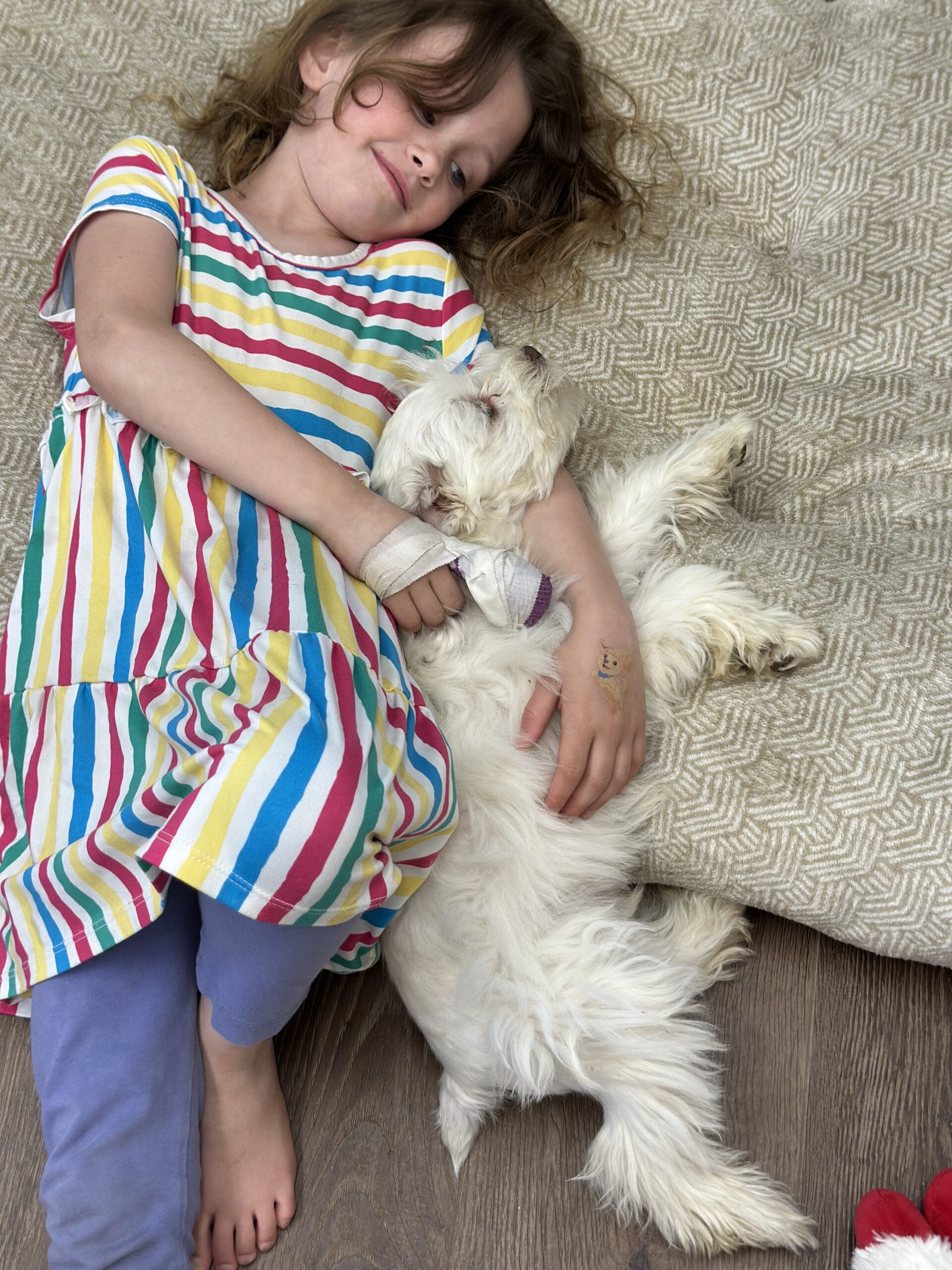 A young girl in a colorful striped dress cuddles a small white dog on a patterned mat, showcasing a warm bond of friendship.